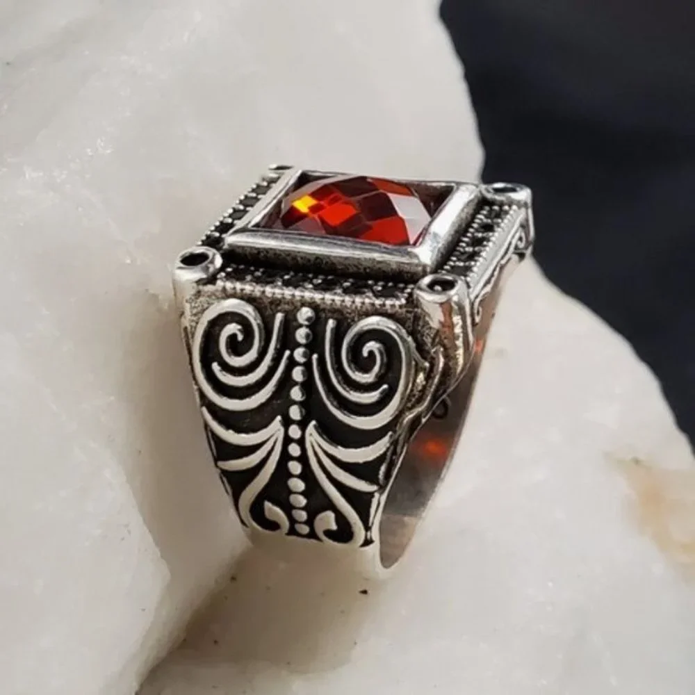 Men's Jewelry Solid Silver 925 Ring Natural Garnet/Black Topaz Man
